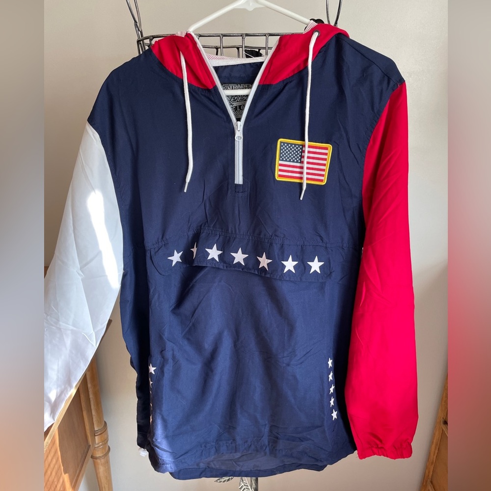Brooklyn Cloth Men’s USA Hooded Pullover Half Zip Red White Blue Size M